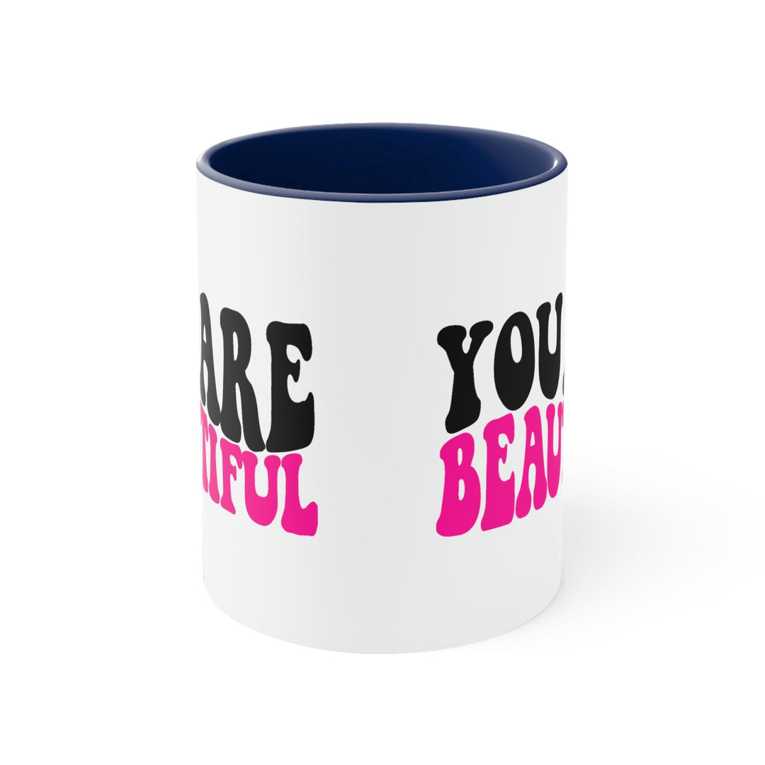 Two-tone Accent Ceramic Mug 11oz you are Beautiful Retro Wavy Pink Black