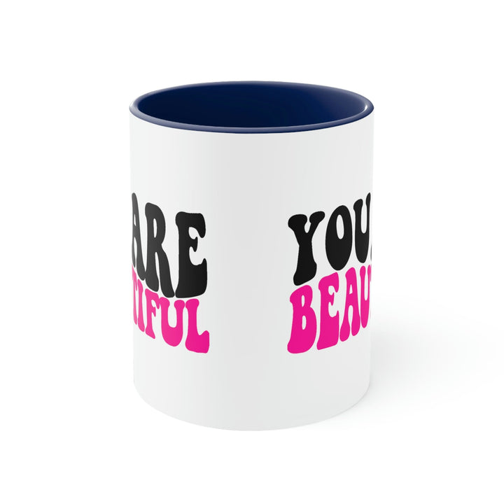 Two-tone Accent Ceramic Mug 11oz you are Beautiful Retro Wavy Pink Black