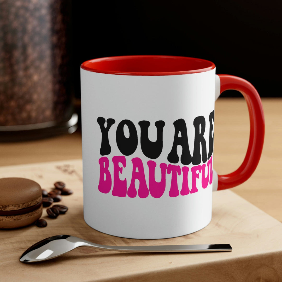 Two-tone Accent Ceramic Mug 11oz you are Beautiful Retro Wavy Pink Black