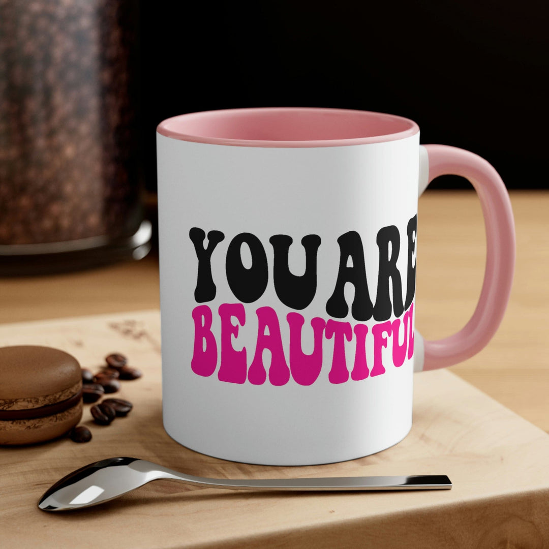 Two-tone Accent Ceramic Mug 11oz you are Beautiful Retro Wavy Pink Black