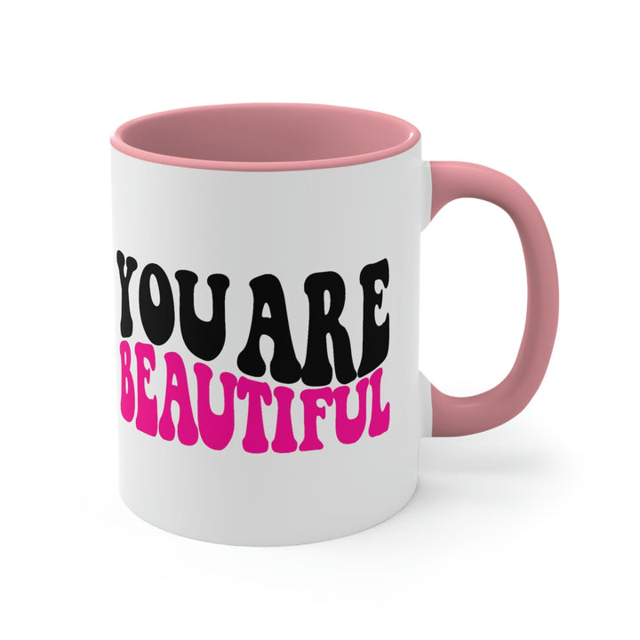 Two-tone Accent Ceramic Mug 11oz you are Beautiful Retro Wavy Pink Black