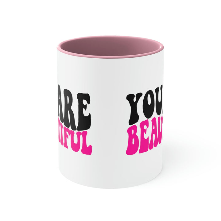 Two-tone Accent Ceramic Mug 11oz you are Beautiful Retro Wavy Pink Black