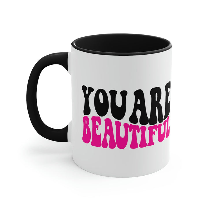 Two-tone Accent Ceramic Mug 11oz you are Beautiful Retro Wavy Pink Black