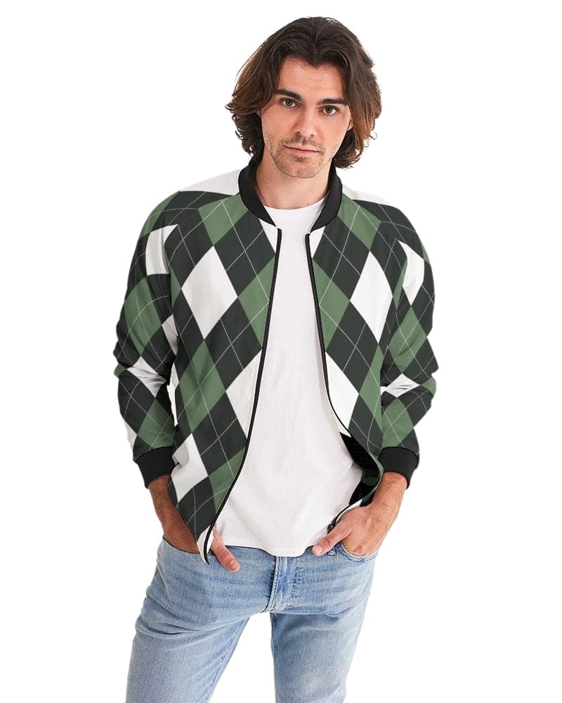 Bomber Jacket for Men Green and White Tartan Plaid Pattern - Mens | Jackets