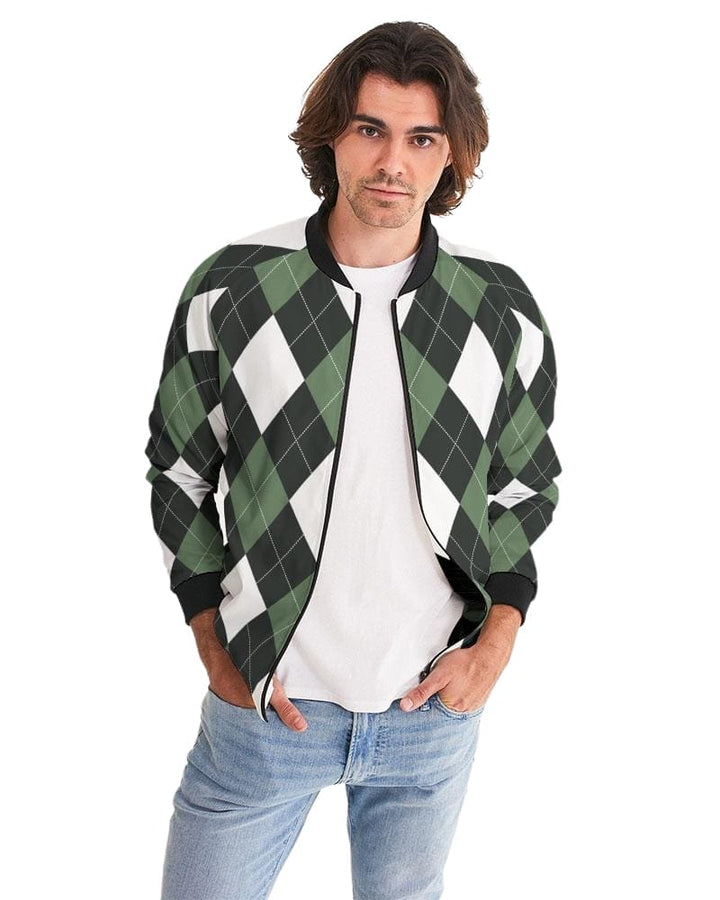 Bomber Jacket For Men Green And White Tartan Plaid Pattern - Mens | Jackets