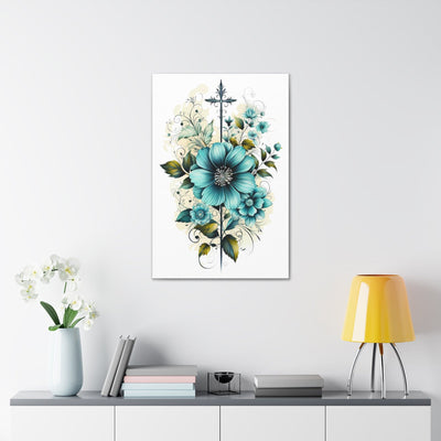 Wall Art Decor Canvas Print Artwork Blue Green Christian Cross Floral Bouquet