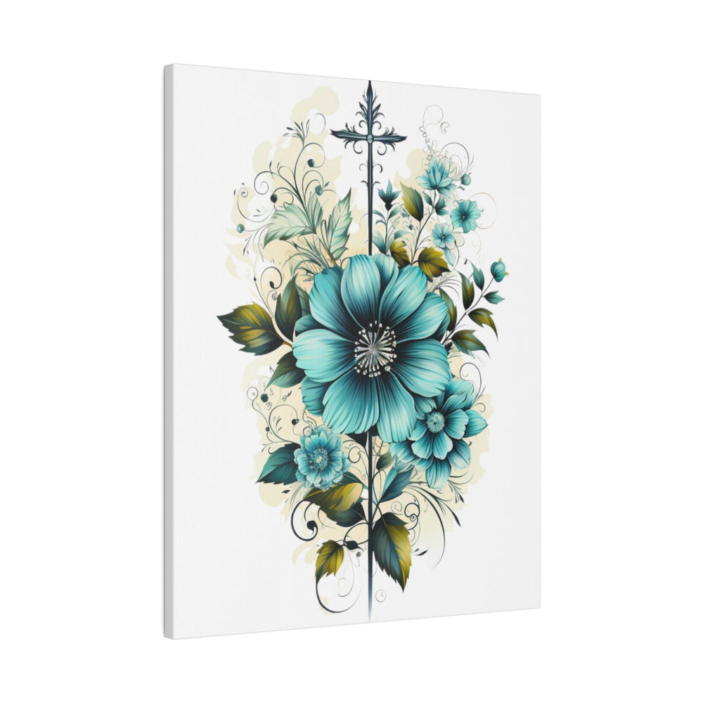 Wall Decor Giclee Fine Art Print - Blue Green Christian Cross Floral Bouquet