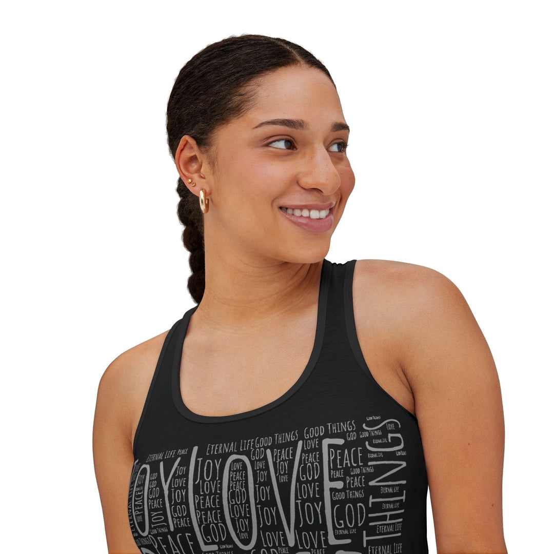 Womens All Good Things Word Collage Racer Tank Top - Womens | Tank Tops | AOP