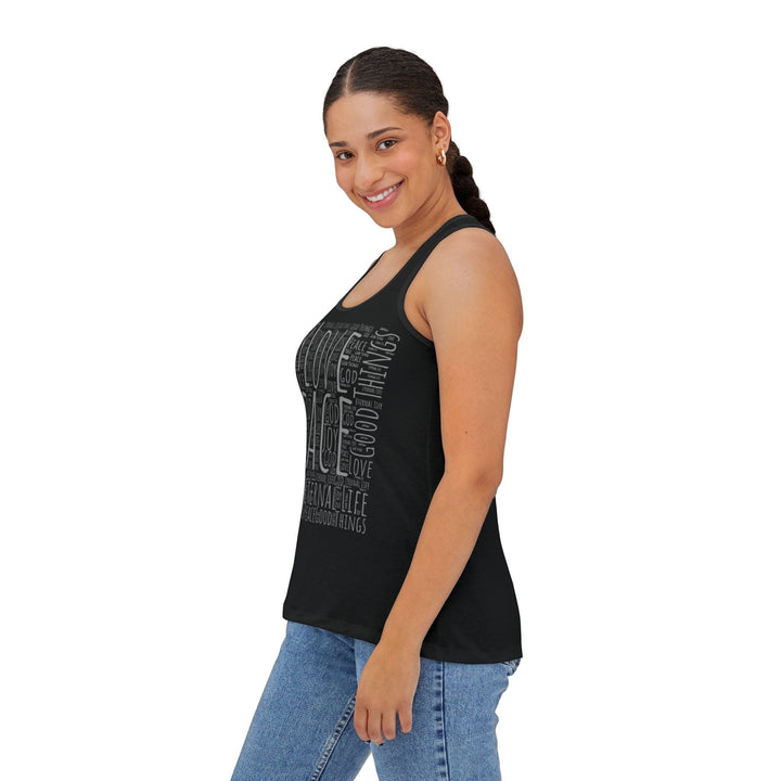 Womens All Good Things Word Collage Racer Tank Top - Womens | Tank Tops | AOP