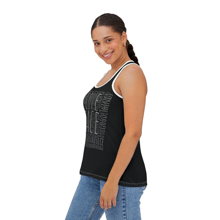 Womens All Good Things Word Collage Racer Tank Top - Womens | Tank Tops | AOP