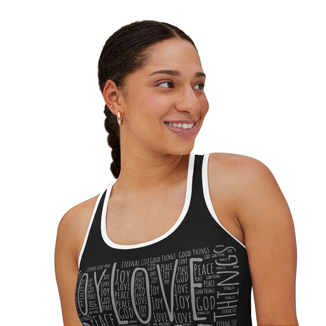 Womens All Good Things Word Collage Racer Tank Top - Womens | Tank Tops | AOP