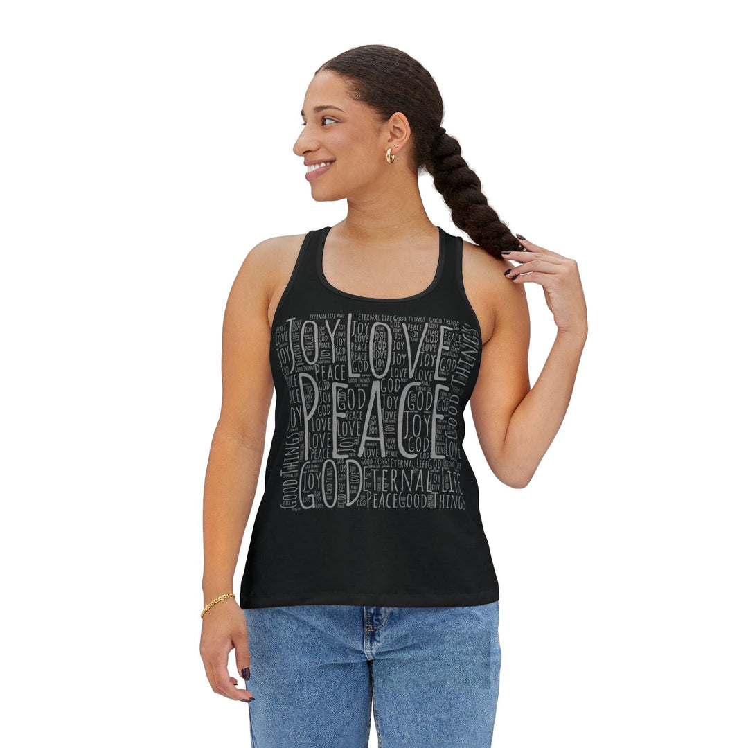 Womens All Good Things Word Collage Racer Tank Top - Womens | Tank Tops | AOP