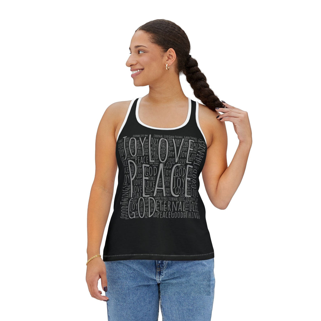 Womens All Good Things Word Collage Racer Tank Top - Womens | Tank Tops | AOP