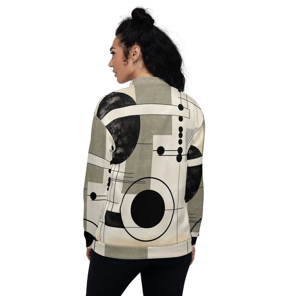 Womens Bomber Jacket Abstract Black Beige Brown Geometric Shapes 2