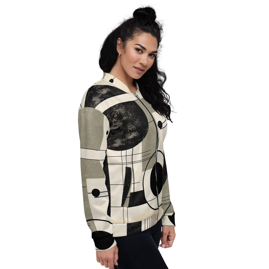 Womens Bomber Jacket Abstract Black Beige Brown Geometric Shapes 2