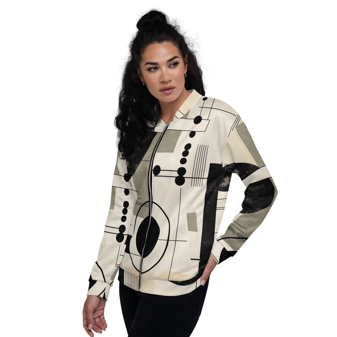 Womens Bomber Jacket Abstract Black Beige Brown Geometric Shapes 2