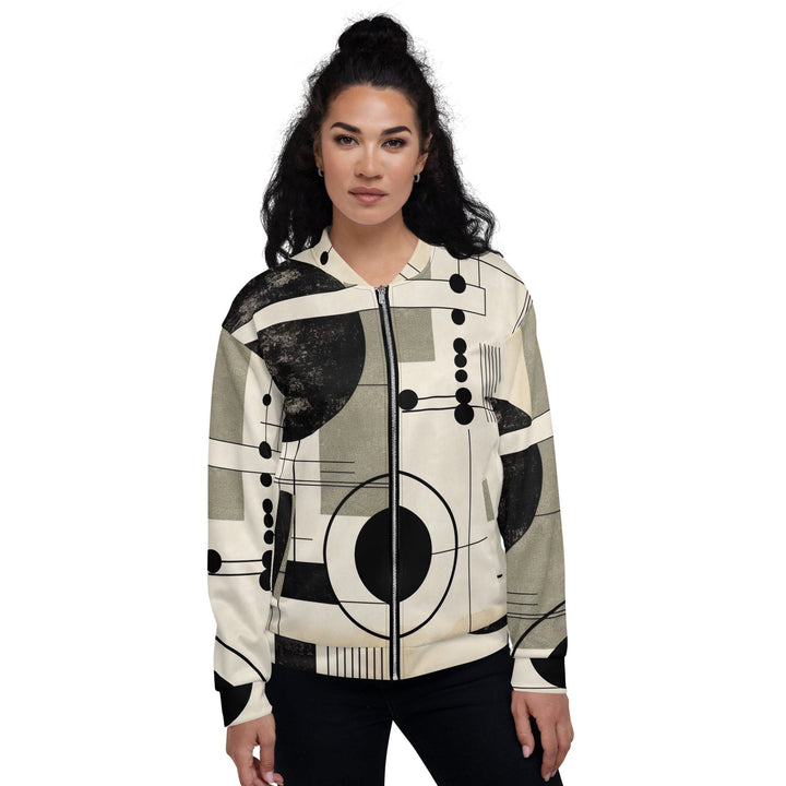 Womens Bomber Jacket Abstract Black Beige Brown Geometric Shapes 2