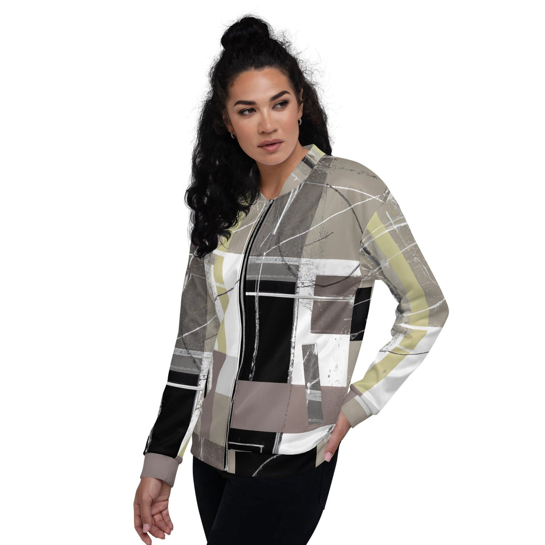 Womens Bomber Jacket Abstract Brown Geometric Shapes 2