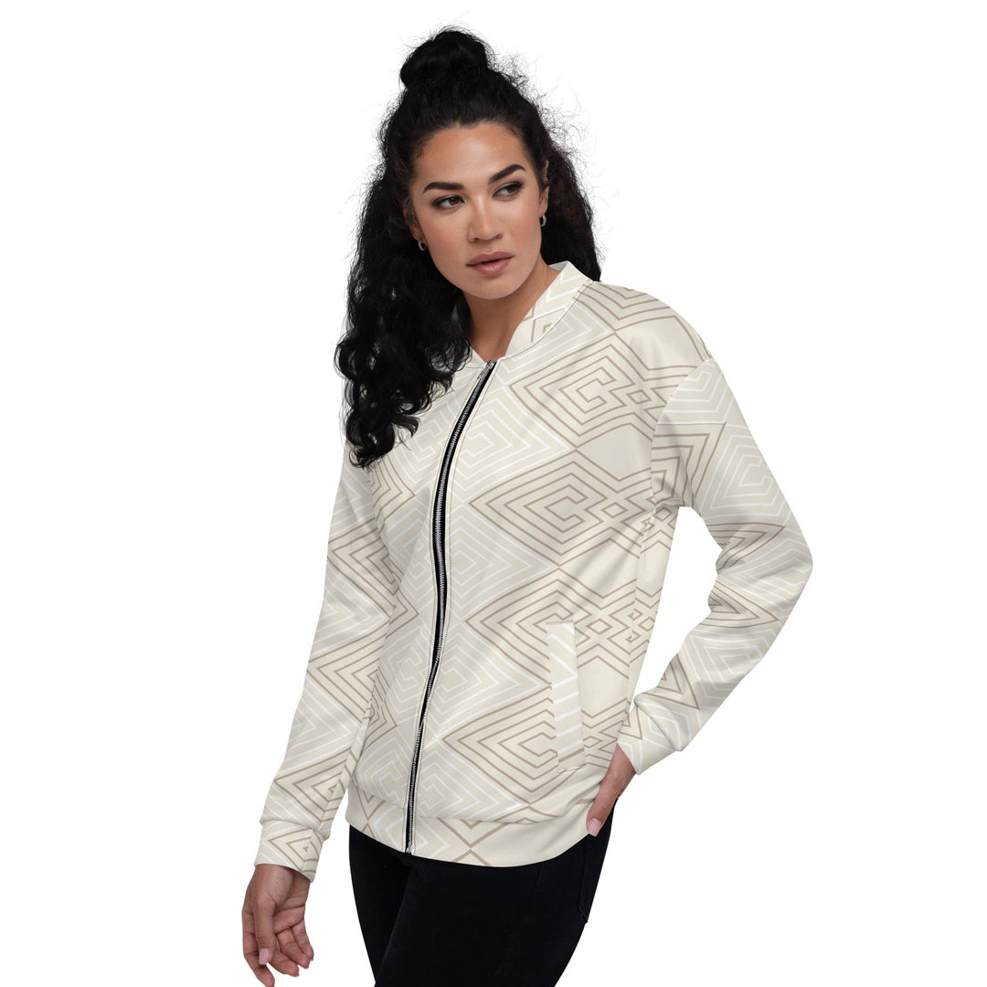 Womens Bomber Jacket Beige Brown Aztec Geometric Lines