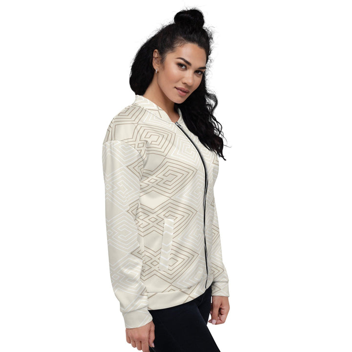 Womens Bomber Jacket Beige Brown Aztec Geometric Lines