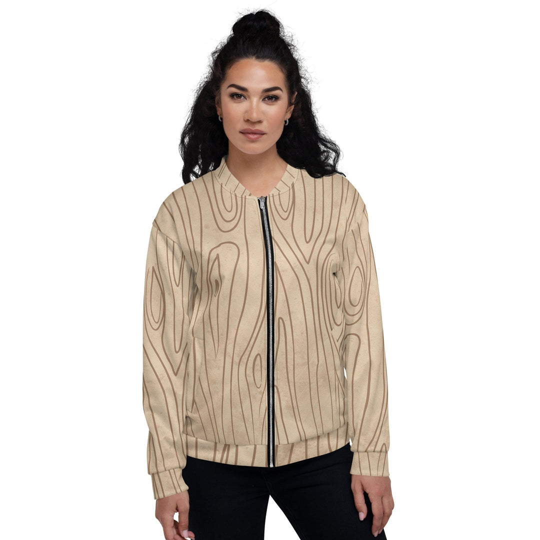 Womens Bomber Jacket Beige Brown Tree Sketch Lines