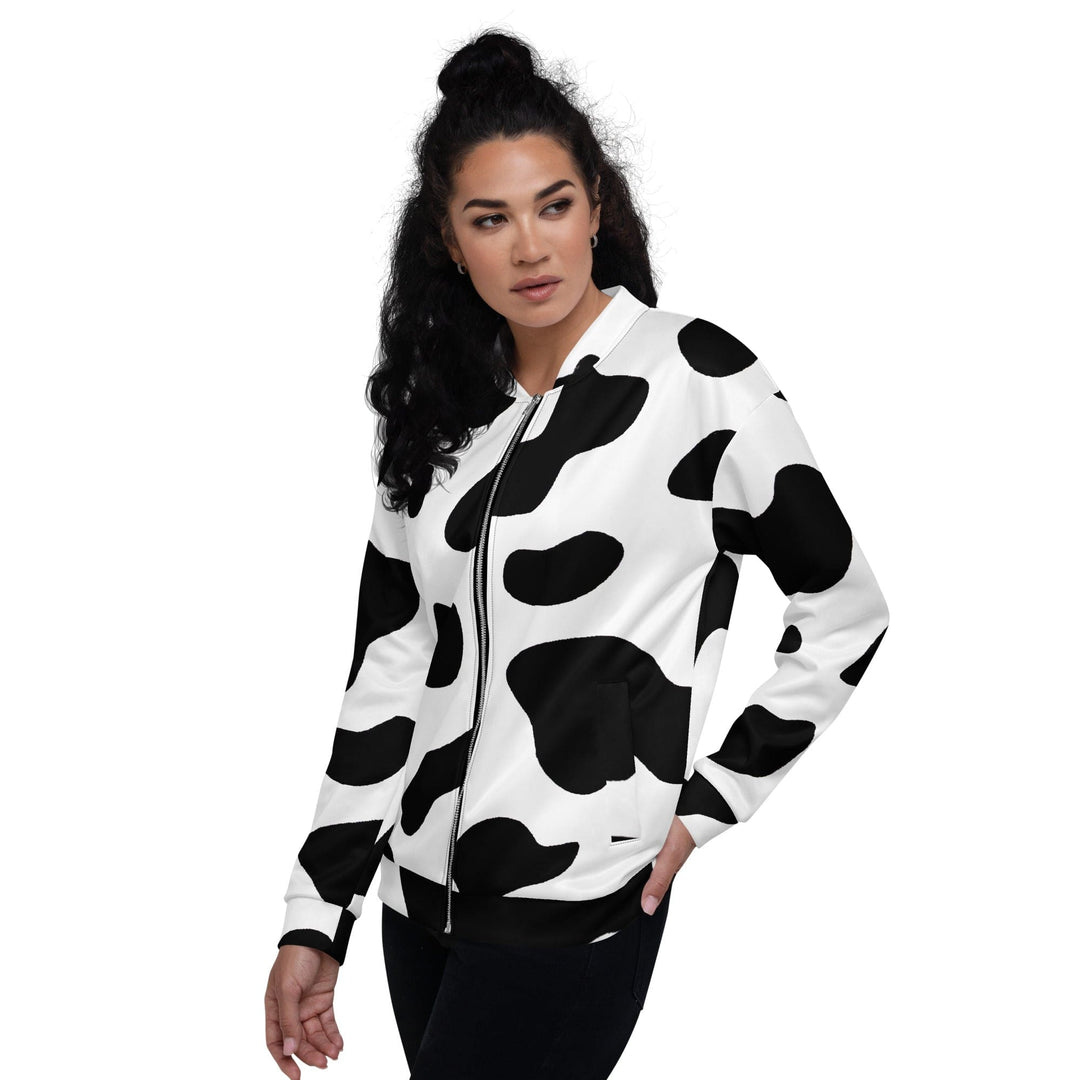 Womens Bomber Jacket Black And White Cow Print 2