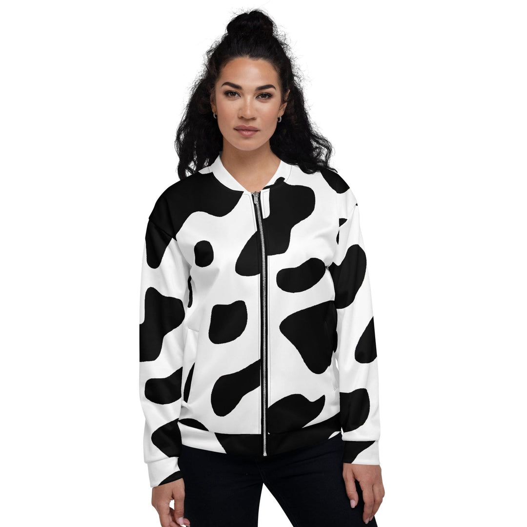 Womens Bomber Jacket Black And White Cow Print 2