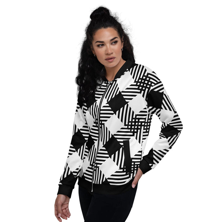 Womens Bomber Jacket Black and White Plaid Print - Womens | Jackets | Bombers