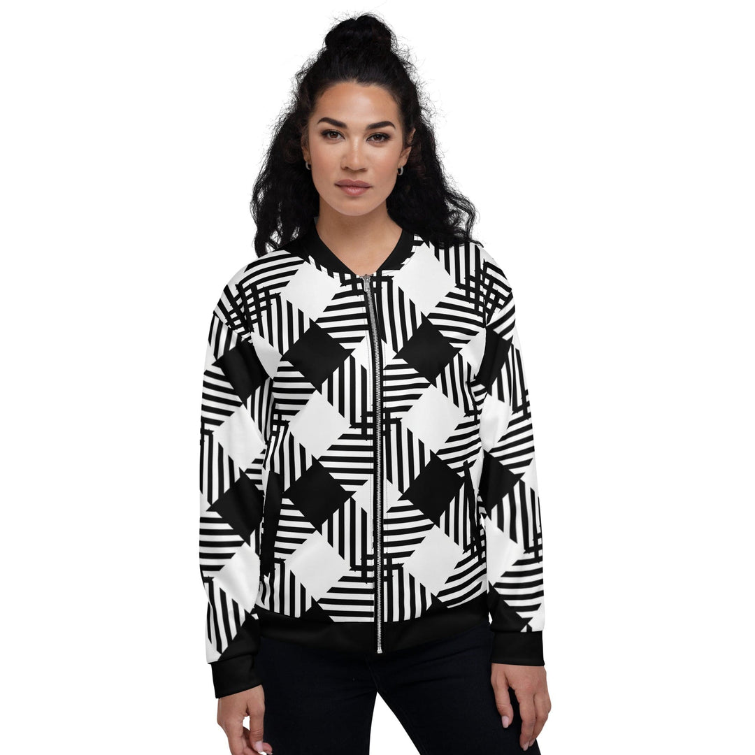 Womens Bomber Jacket Black and White Plaid Print - Womens | Jackets | Bombers