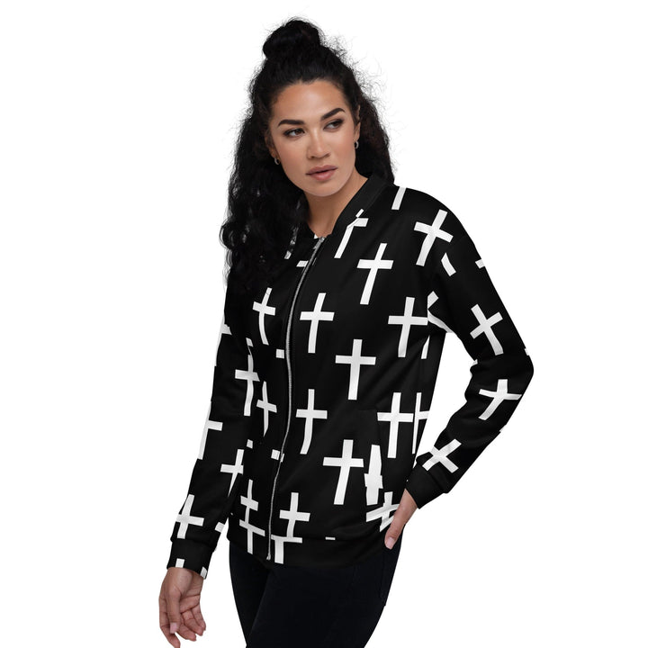 Womens Bomber Jacket Black White Cross Print