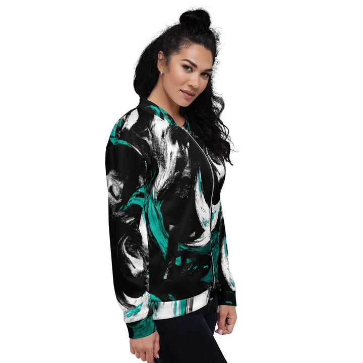 Womens Bomber Jacket Black Green White Abstract Pattern 2