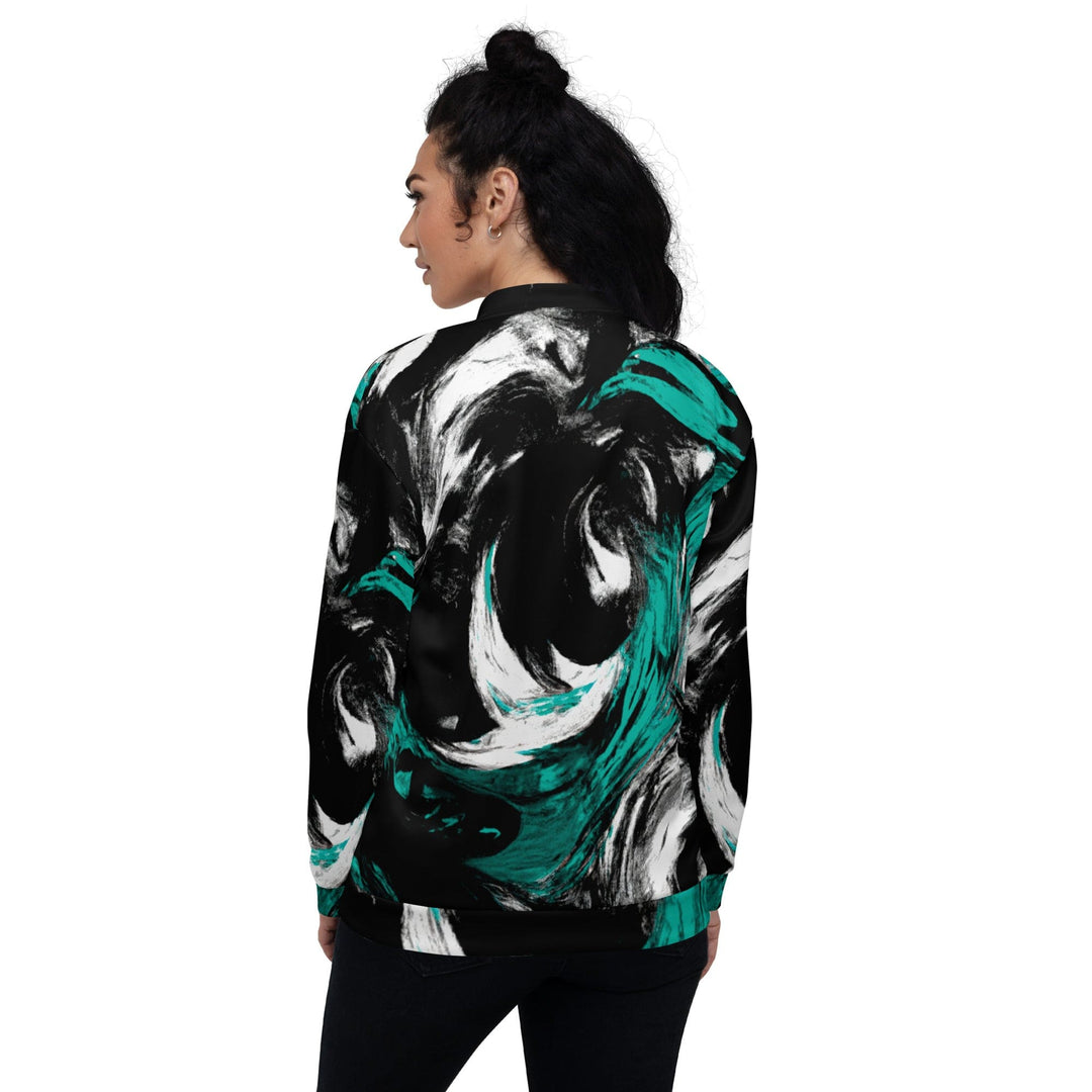 Womens Bomber Jacket Black Green White Abstract Pattern 2