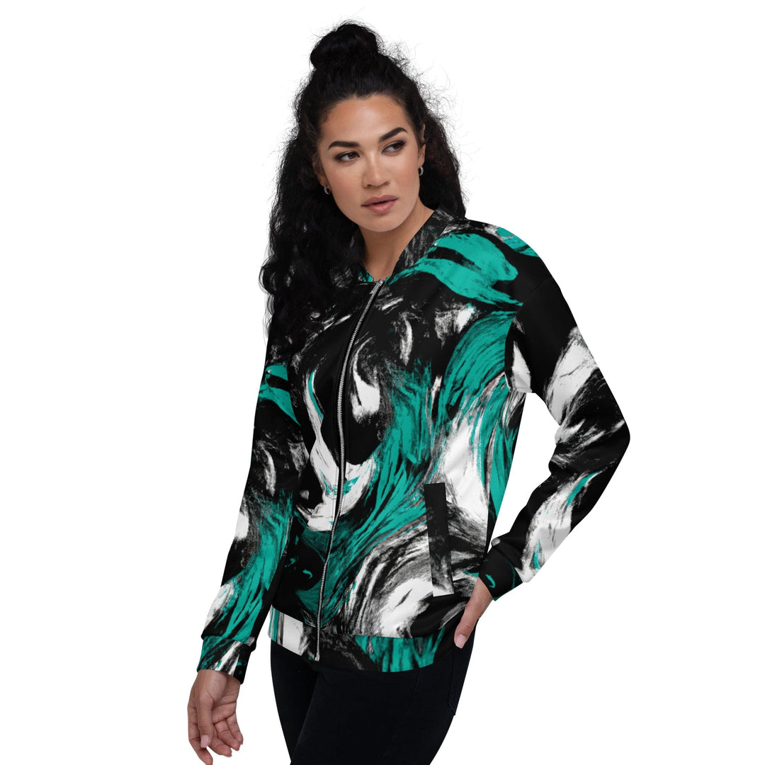 Womens Bomber Jacket Black Green White Abstract Pattern 2