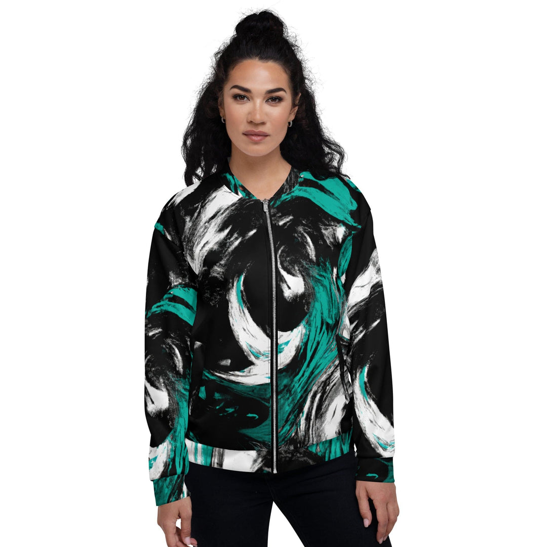 Womens Bomber Jacket Black Green White Abstract Pattern 2