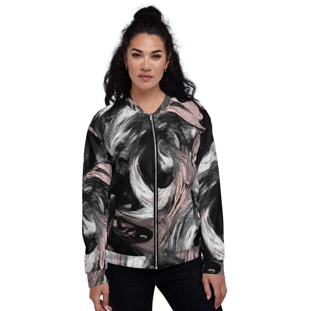 Womens Bomber Jacket Black Pink White Abstract Pattern 2