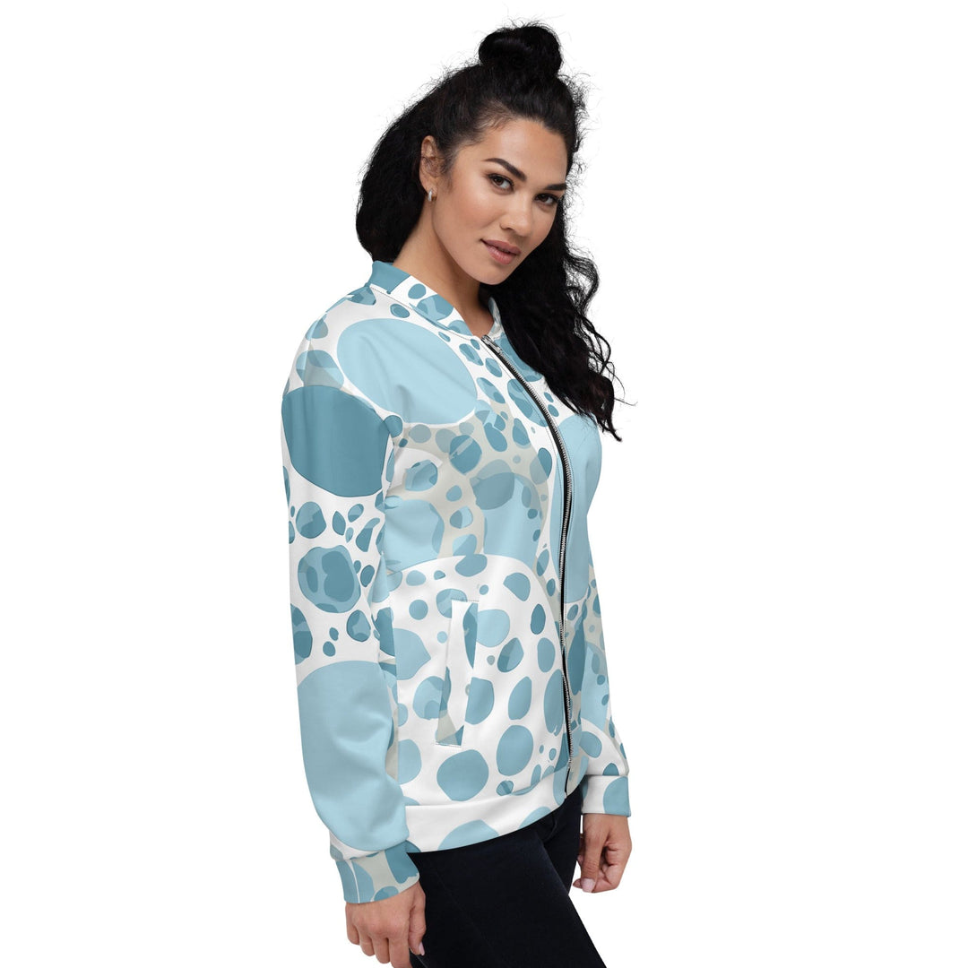 Womens Bomber Jacket Blue and White Circular Spotted Illustration 2