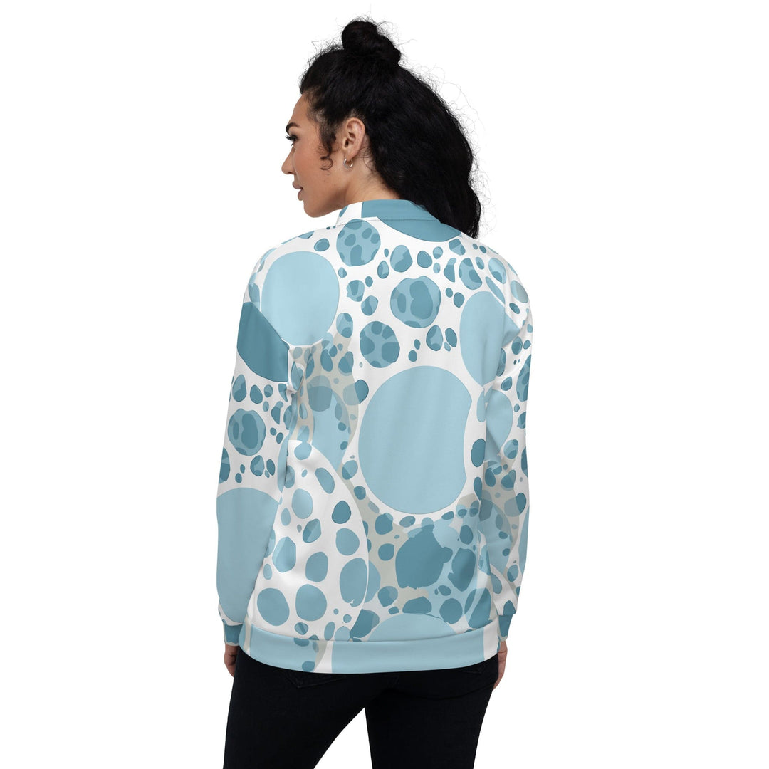 Womens Bomber Jacket Blue and White Circular Spotted Illustration 2