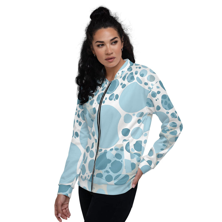 Womens Bomber Jacket Blue and White Circular Spotted Illustration 2