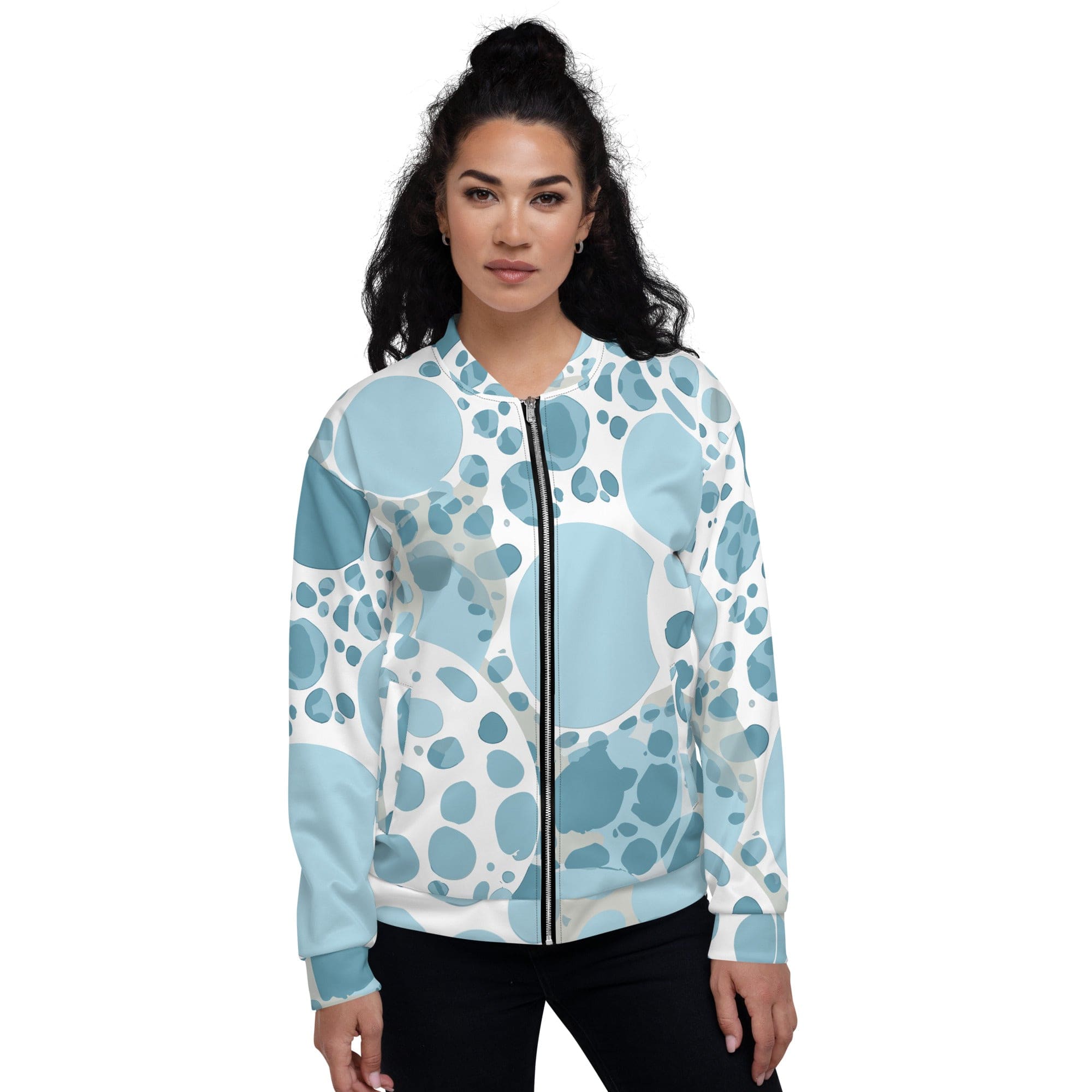 Womens Bomber Jacket - Blue and White Circular Spotted Illustration ...