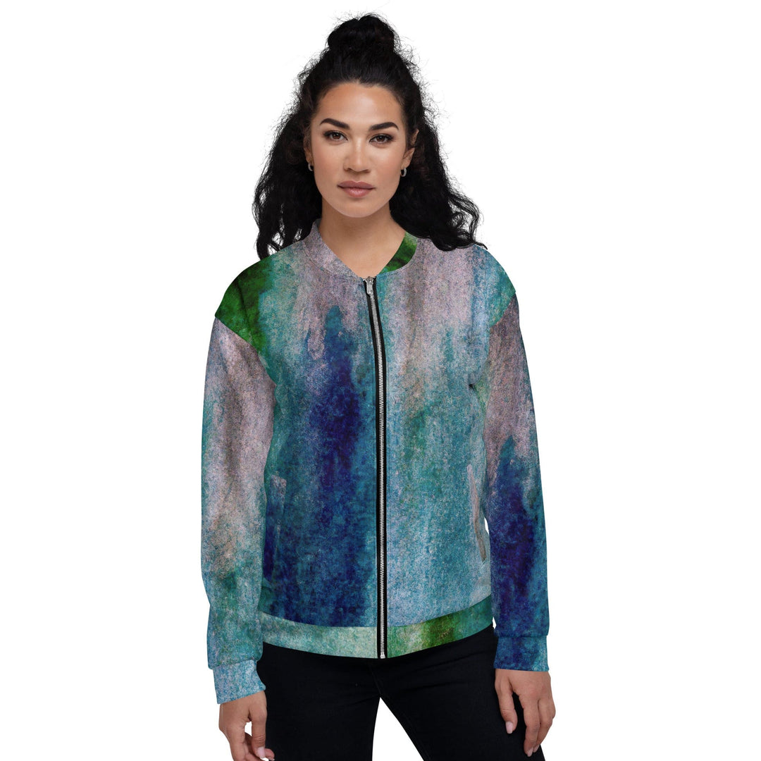 Womens Bomber Jacket Blue Hue Watercolor Abstract Print 2