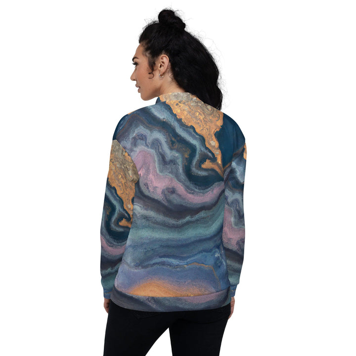 Womens Bomber Jacket Blue Pink Marble Swirl Print