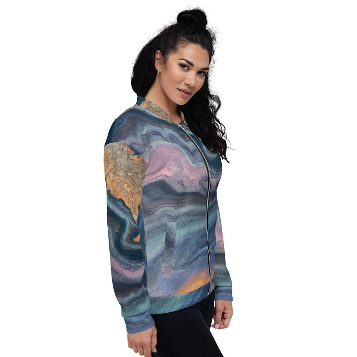 Womens Bomber Jacket Blue Pink Marble Swirl Print