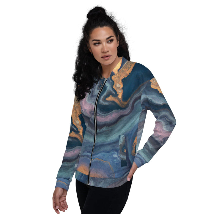 Womens Bomber Jacket Blue Pink Marble Swirl Print