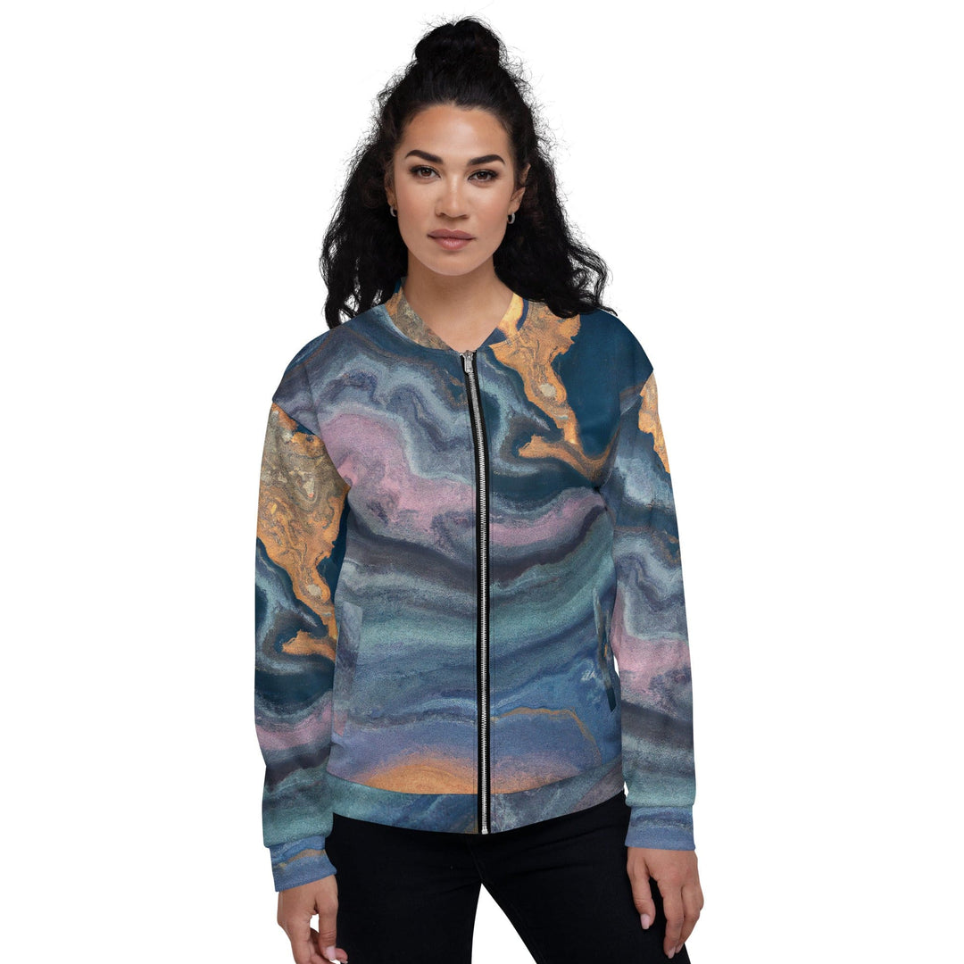 Womens Bomber Jacket Blue Pink Marble Swirl Print