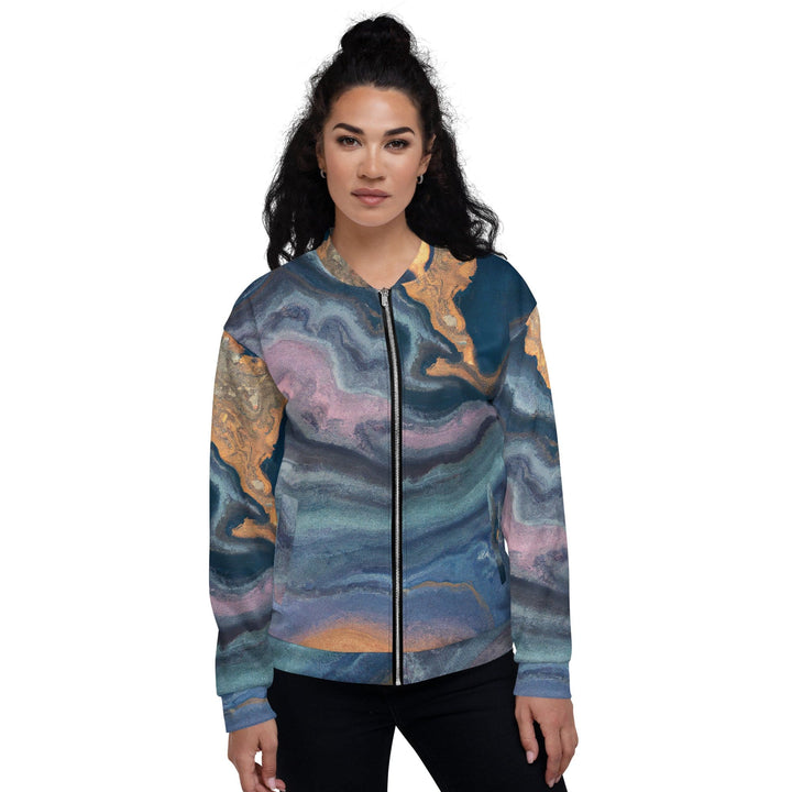 Womens Bomber Jacket Blue Pink Marble Swirl Print