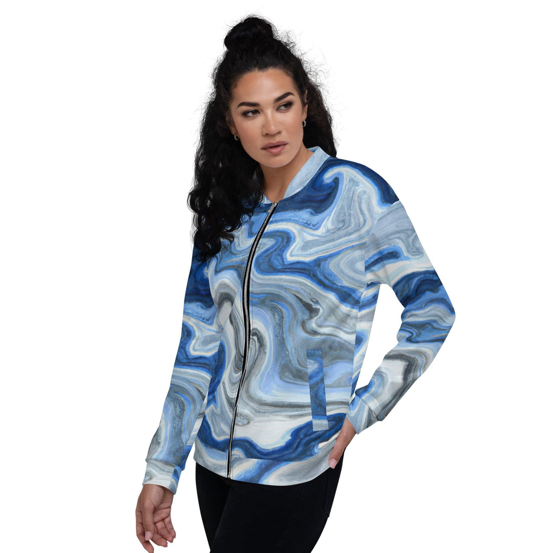 Womens Bomber Jacket Blue Grey Marble Print