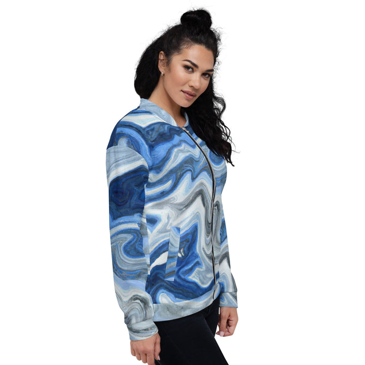 Womens Bomber Jacket Blue Grey Marble Print