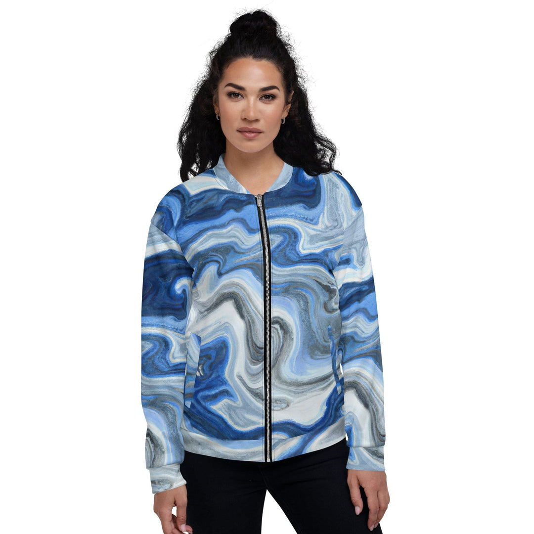 Womens Bomber Jacket Blue Grey Marble Print