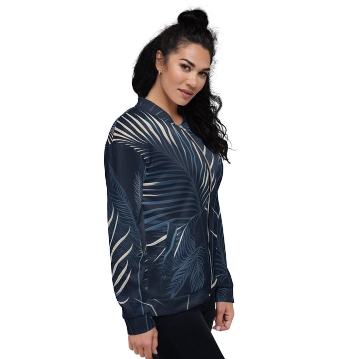 Womens Bomber Jacket Blue White Palm Leaves 2