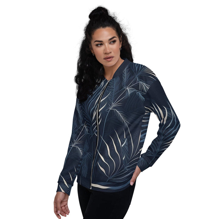 Womens Bomber Jacket Blue White Palm Leaves 2